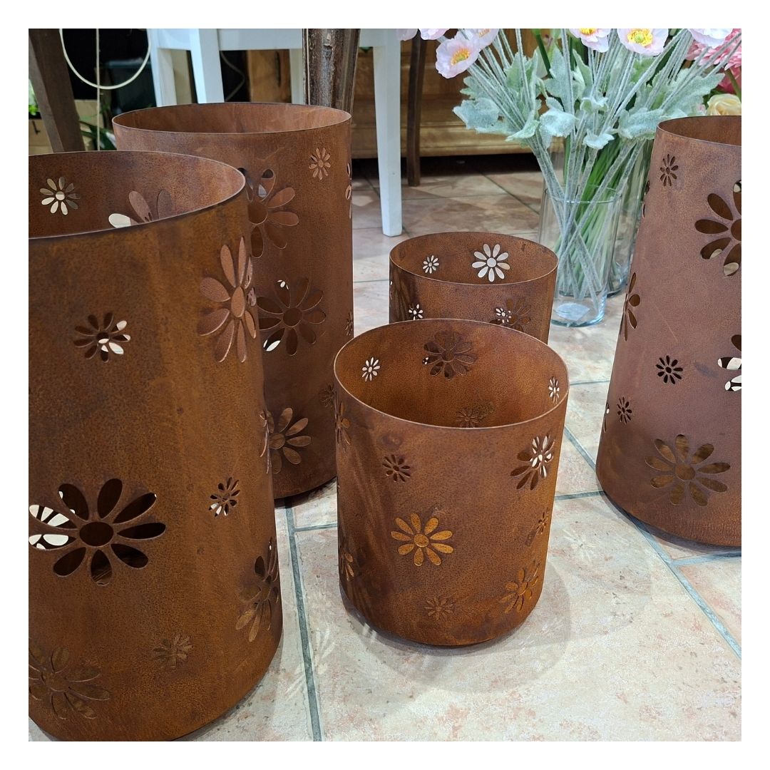Lanterne à fleurs - métal rouillé - 35 cm de haut