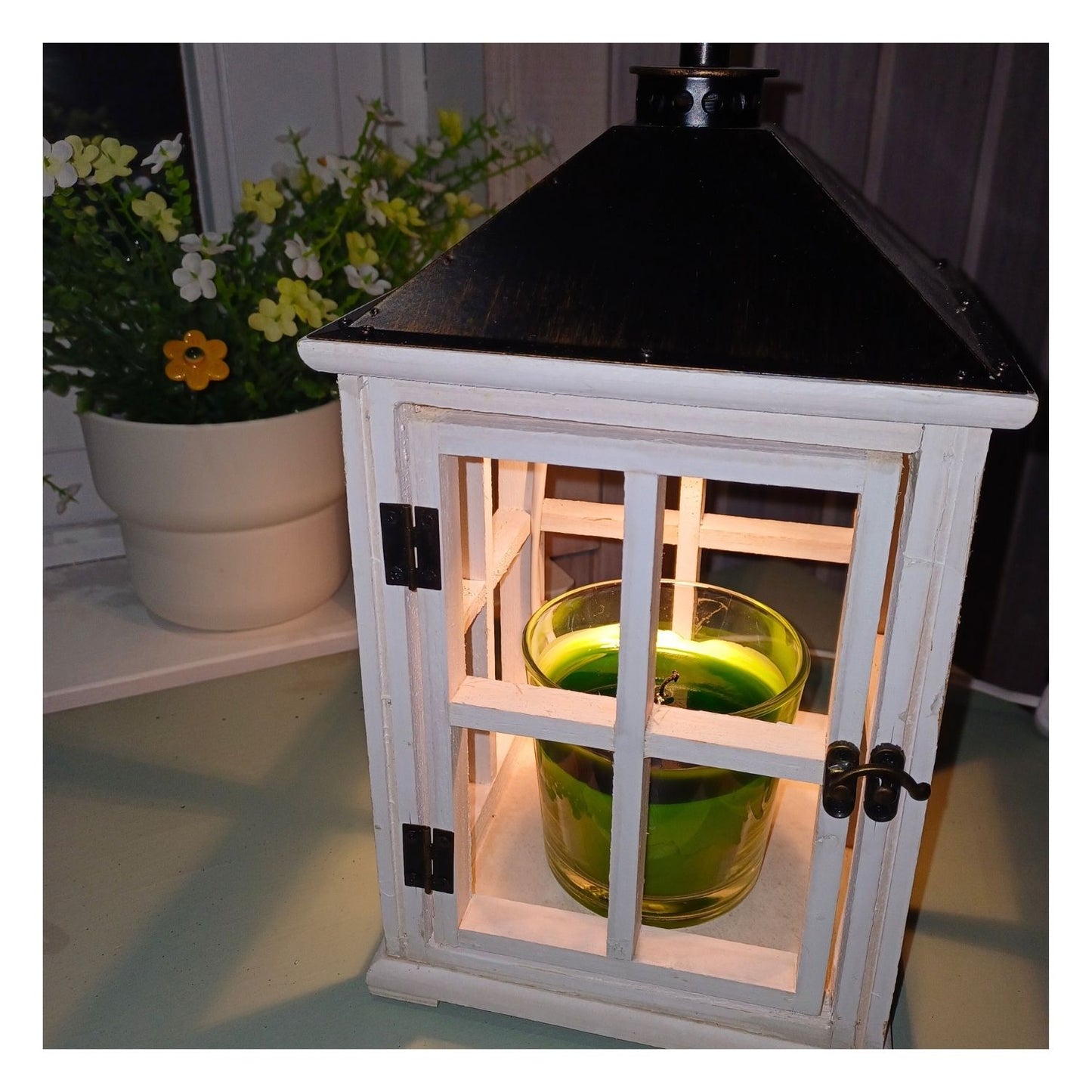 Lanterne en bois blanc -Lumière chauffante sans flamme