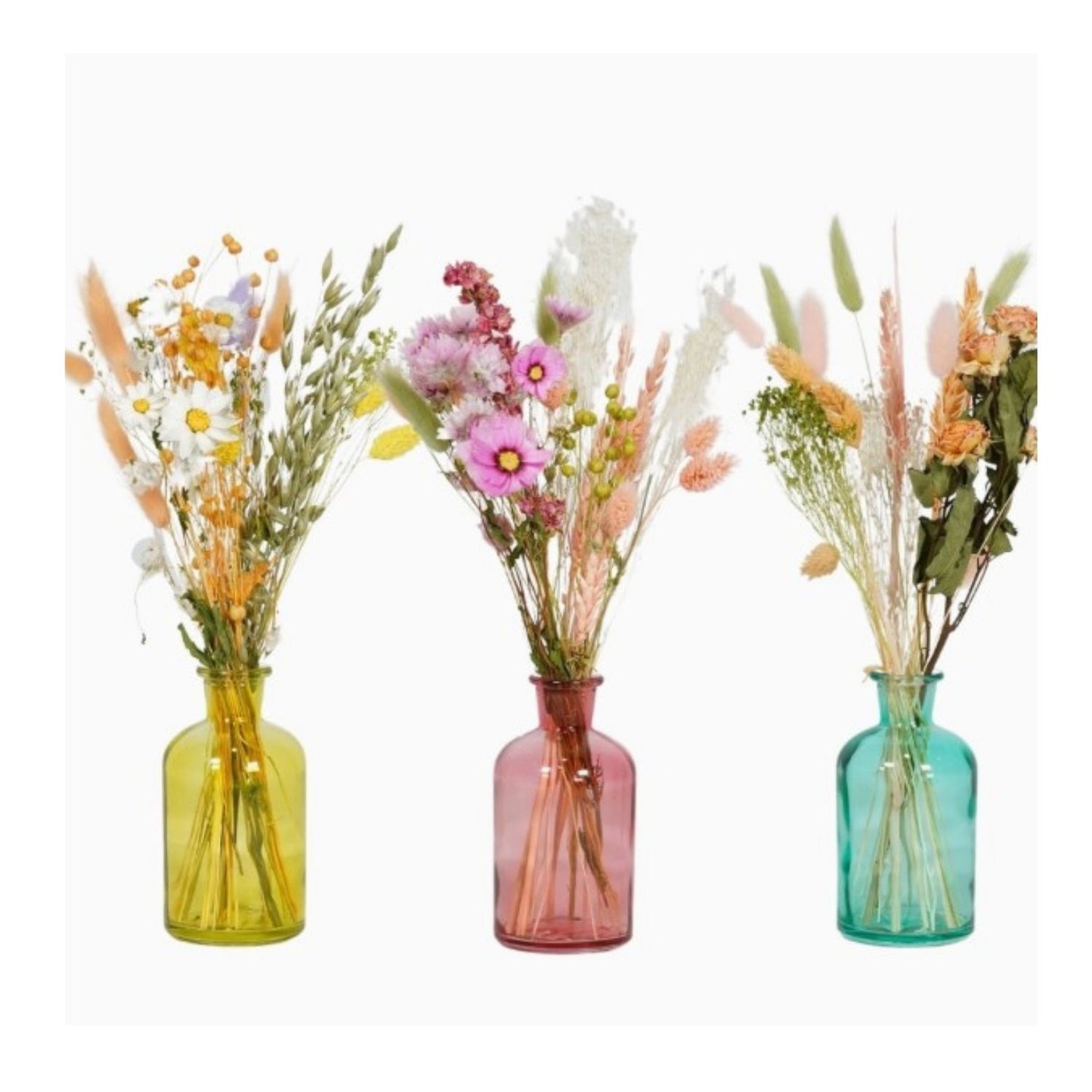 Mini bouquet de fleurs séchées et vase coloré en verre