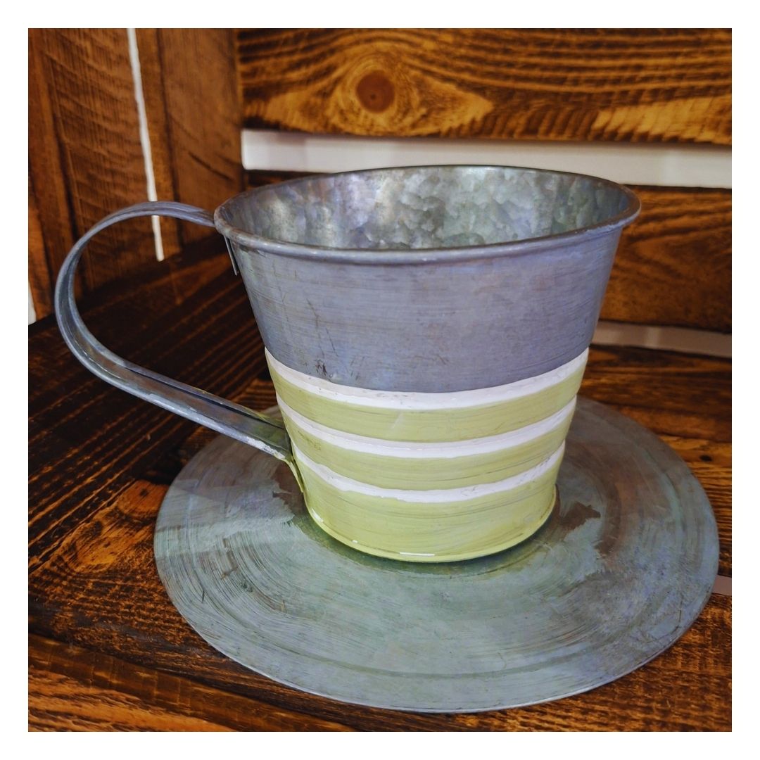 Cache-pot tasse & soucoupe en zinc – Rayures pastel