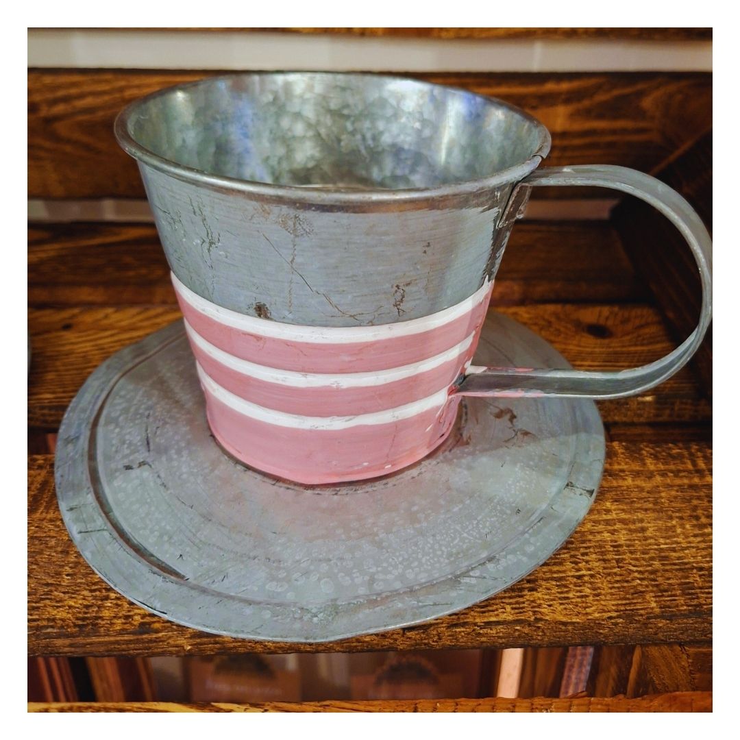Cache-pot tasse & soucoupe en zinc – Rayures pastel