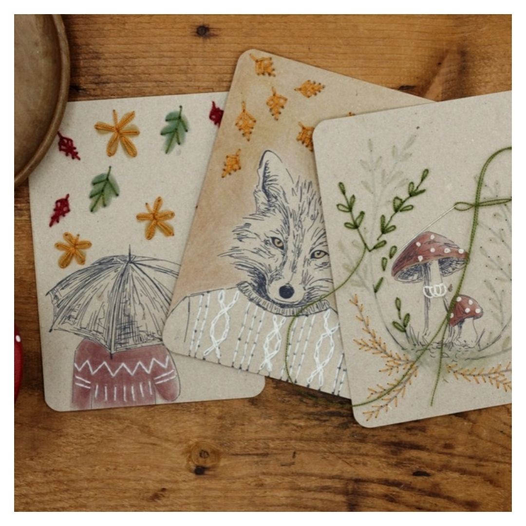 3 cartes à broder - Automne en forêt