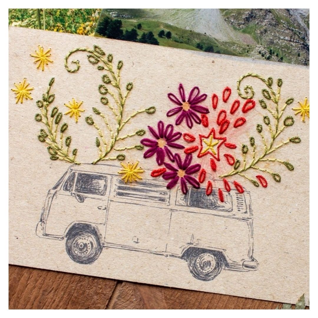 Carte à broder - Van fleuri